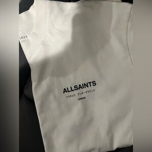 All Saints Cream Tee with Black Text